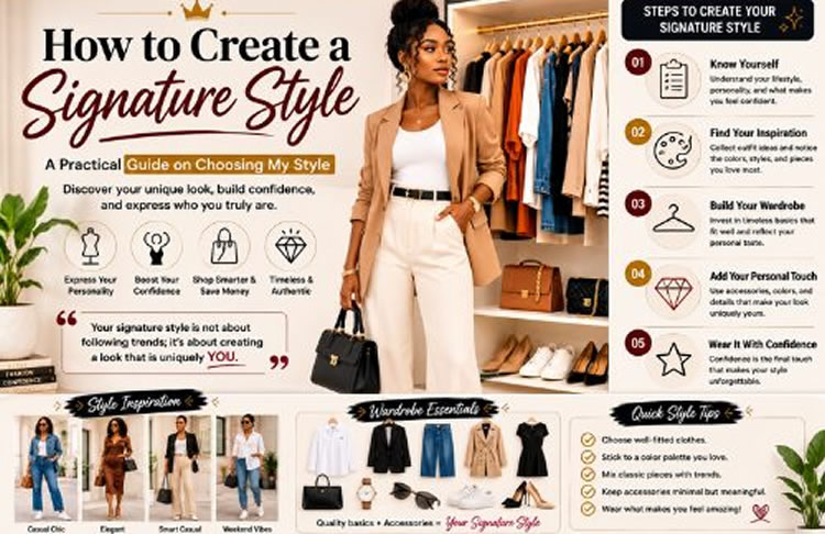 Fashionable woman standing beside a curated wardrobe with classic clothing, shoes, handbags, and accessories representing a signature style.
