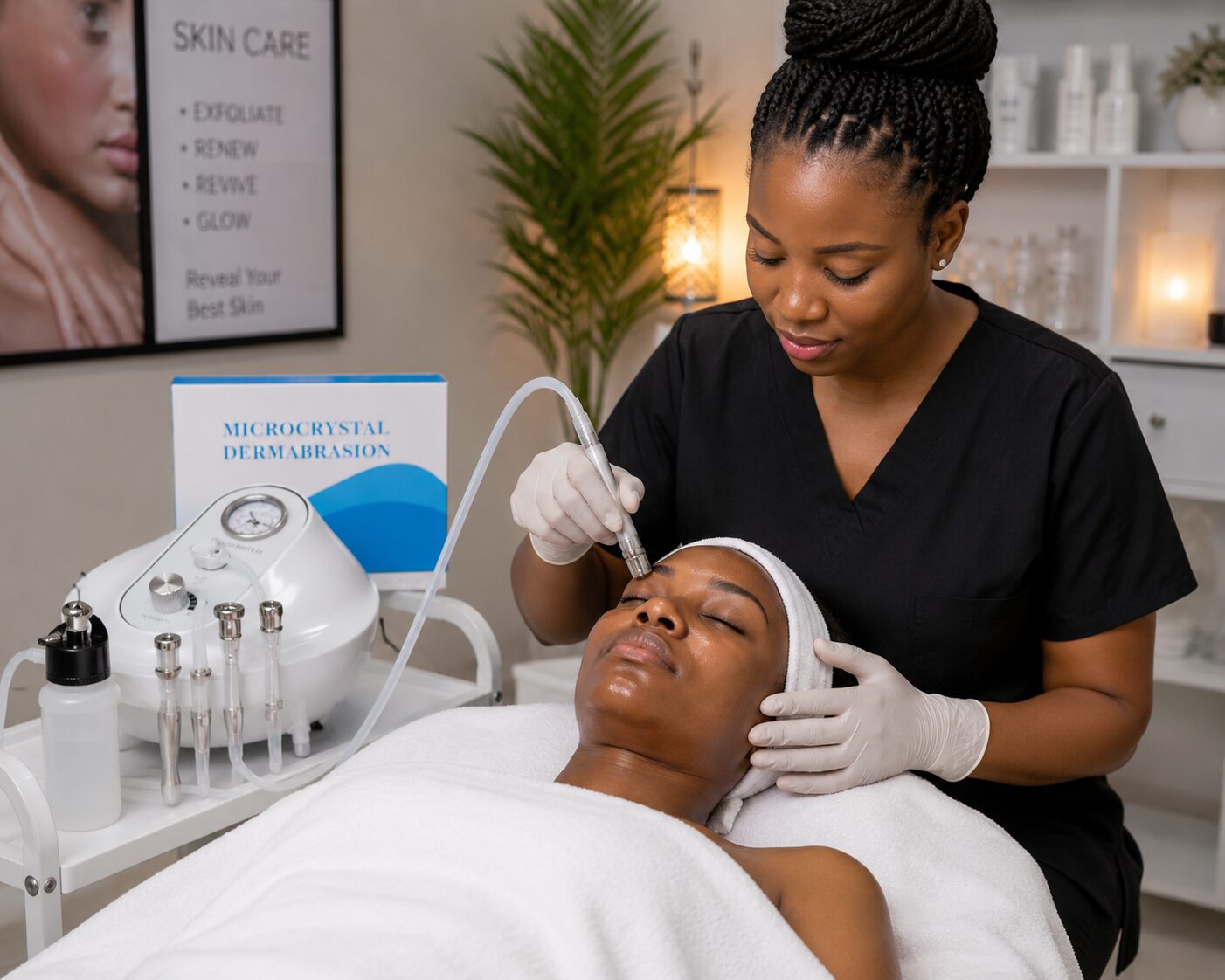 Professional esthetician using a portable micro dermabrasion machine during a facial treatment in a modern spa