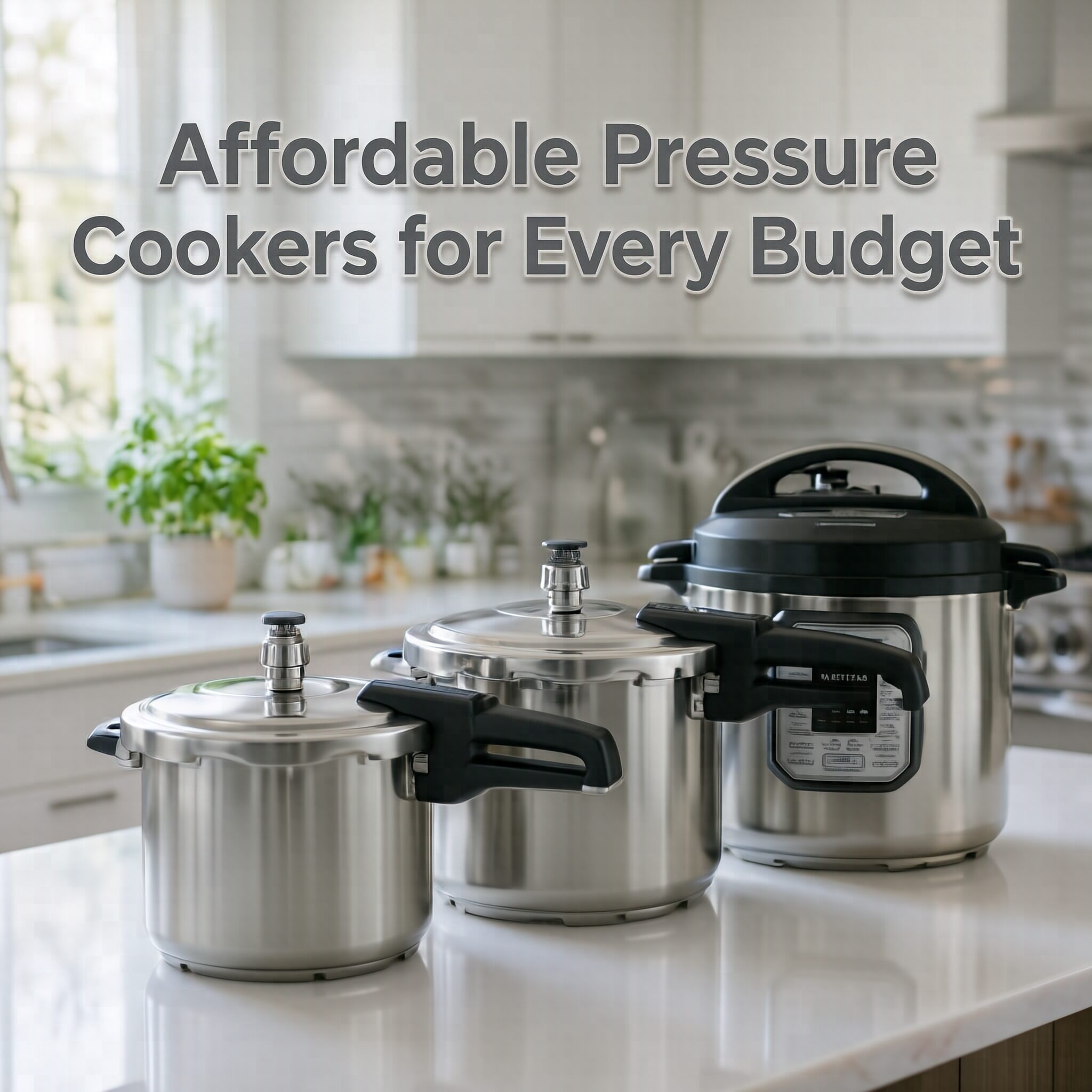 Affordable Pressure Cookers for Every Budget displayed in a modern kitchen with durable stainless steel designs and multiple cooking capacities.