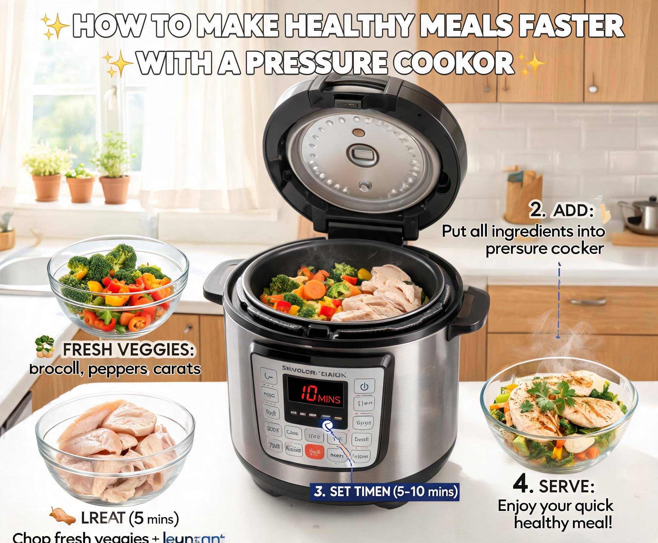 How to Make Healthy Meals Faster with a Pressure Cooker featuring fresh vegetables, lean meat, and a modern pressure cooker in a bright kitchen.