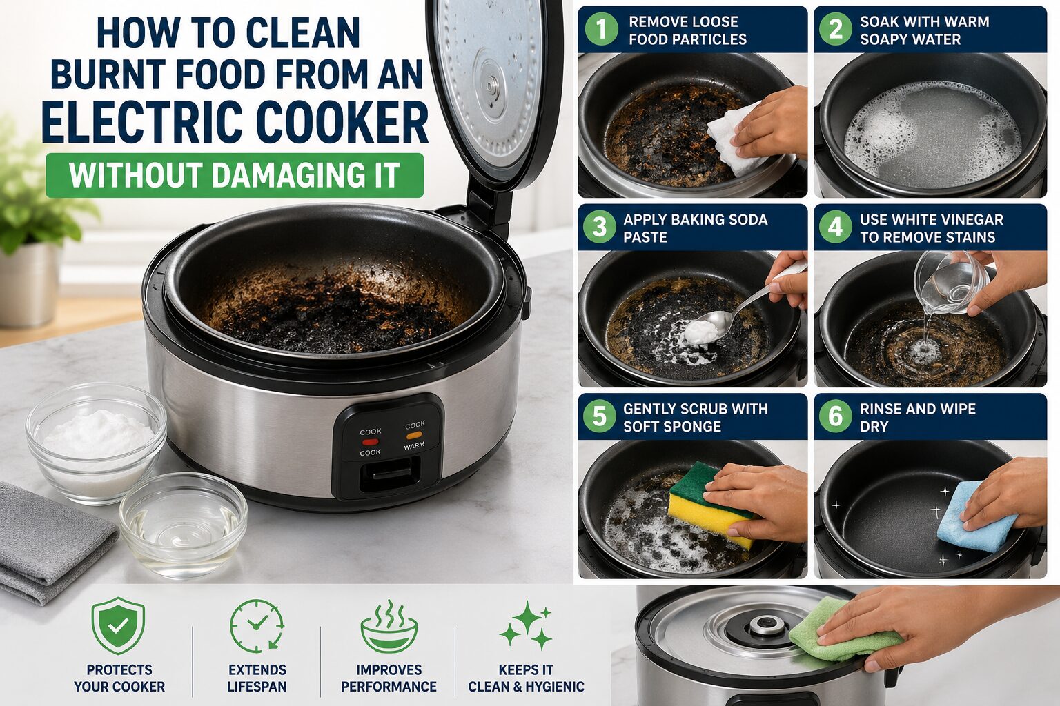How to Clean Burnt Food from an Electric Cooker Without Damaging It showing a clean non-stick electric cooker being wiped with a soft sponge in a modern kitchen.