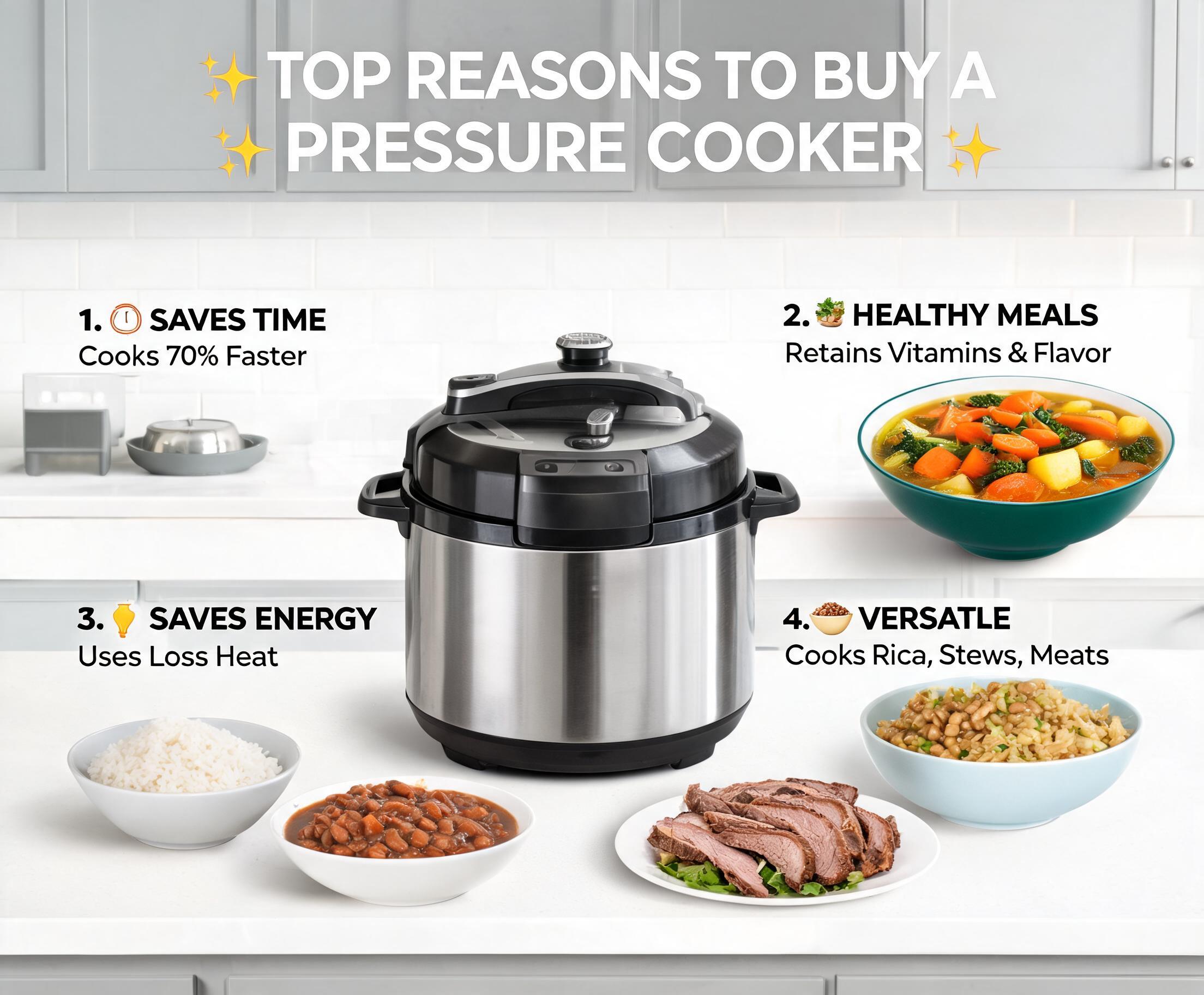 Top Reasons to Buy a Pressure Cooker for Your Kitchen featuring a modern stainless steel pressure cooker with healthy homemade meals on a kitchen countertop.