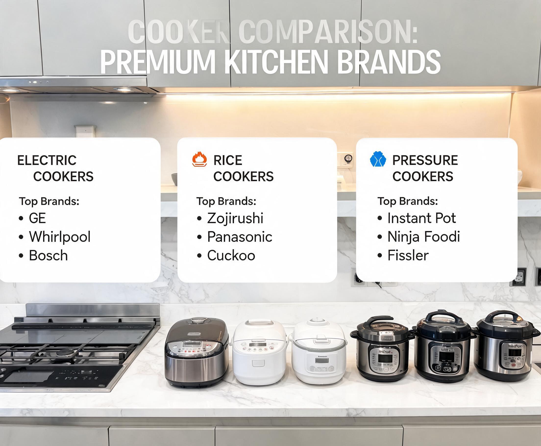 Electric Cookers vs Rice Cookers vs Pressure Cookers: brands to buy from featuring premium kitchen appliances from leading brands displayed in a modern kitchen.