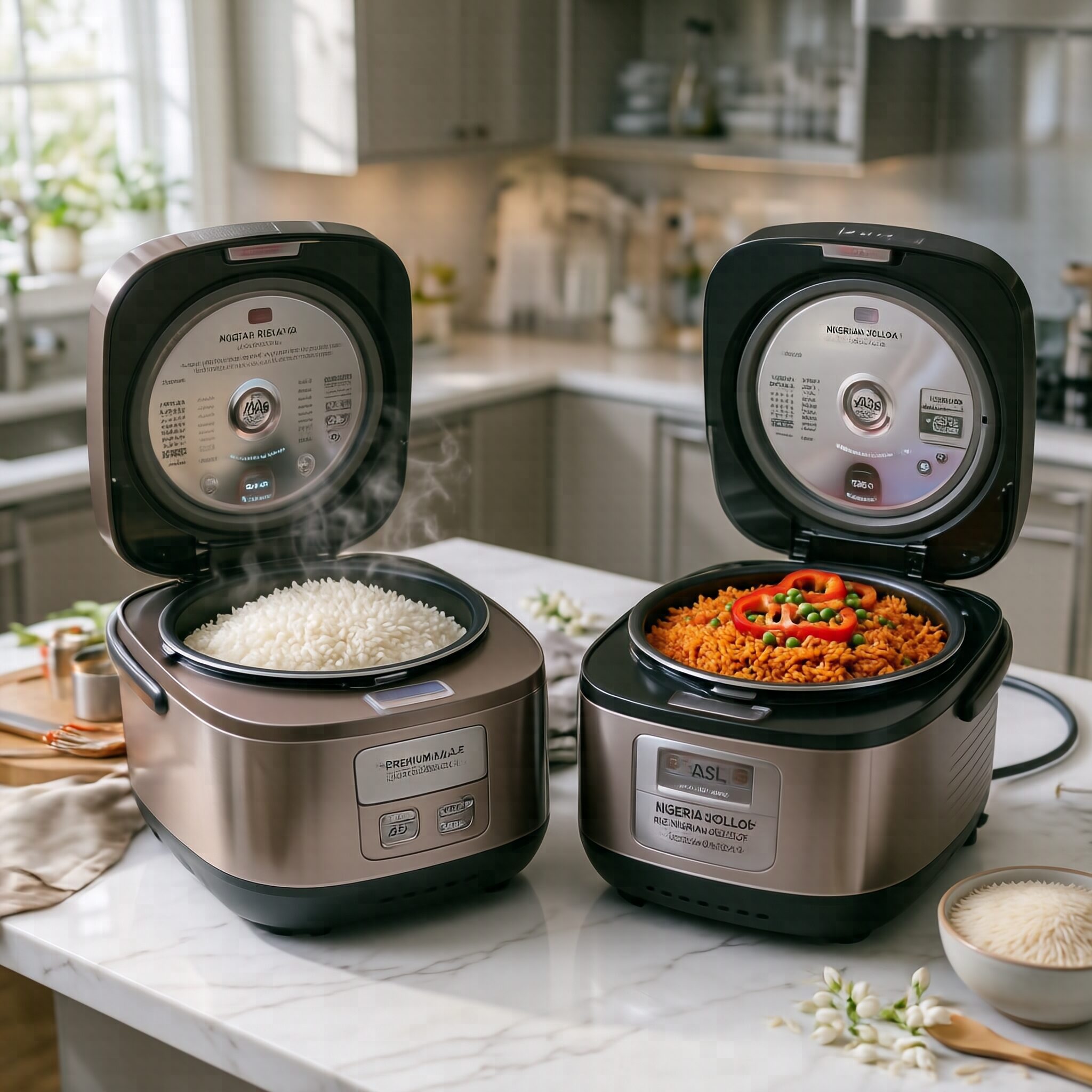 Best Rice Cookers for Perfect Jollof Rice and White Rice preparing fluffy white rice and rich Nigerian Jollof rice in a modern kitchen.