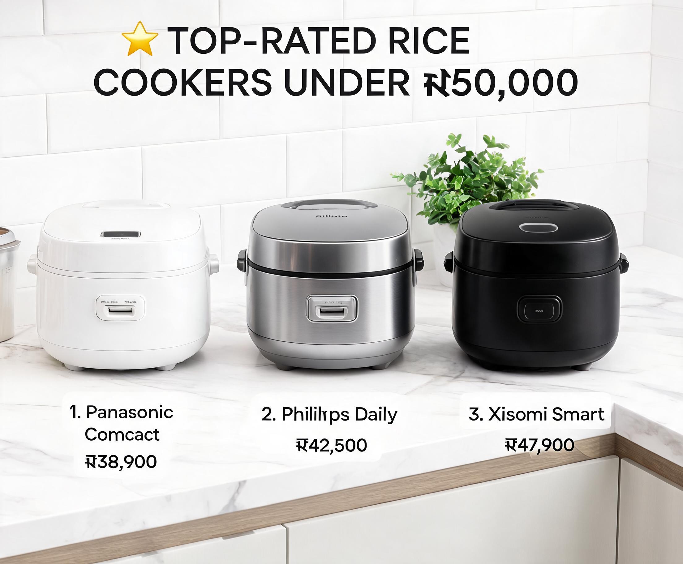 Top-Rated Rice Cookers Under ₦50,000 displayed on a modern kitchen countertop with compact designs and affordable cooking solutions.
