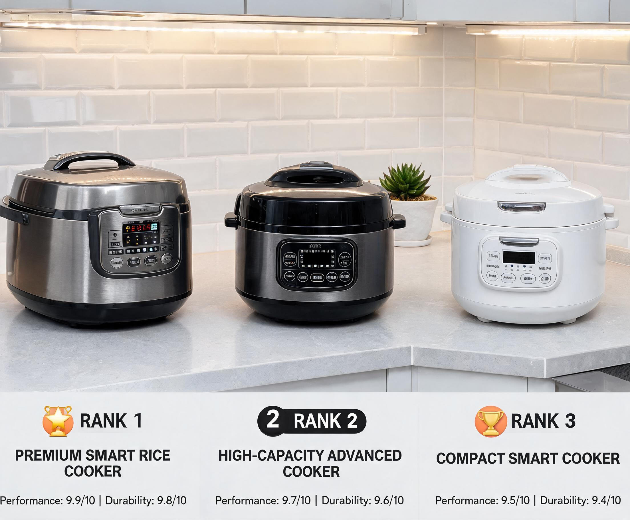 Top quality rice cookers ranked by performance and durability displayed on a modern kitchen countertop with premium designs and advanced cooking features.
