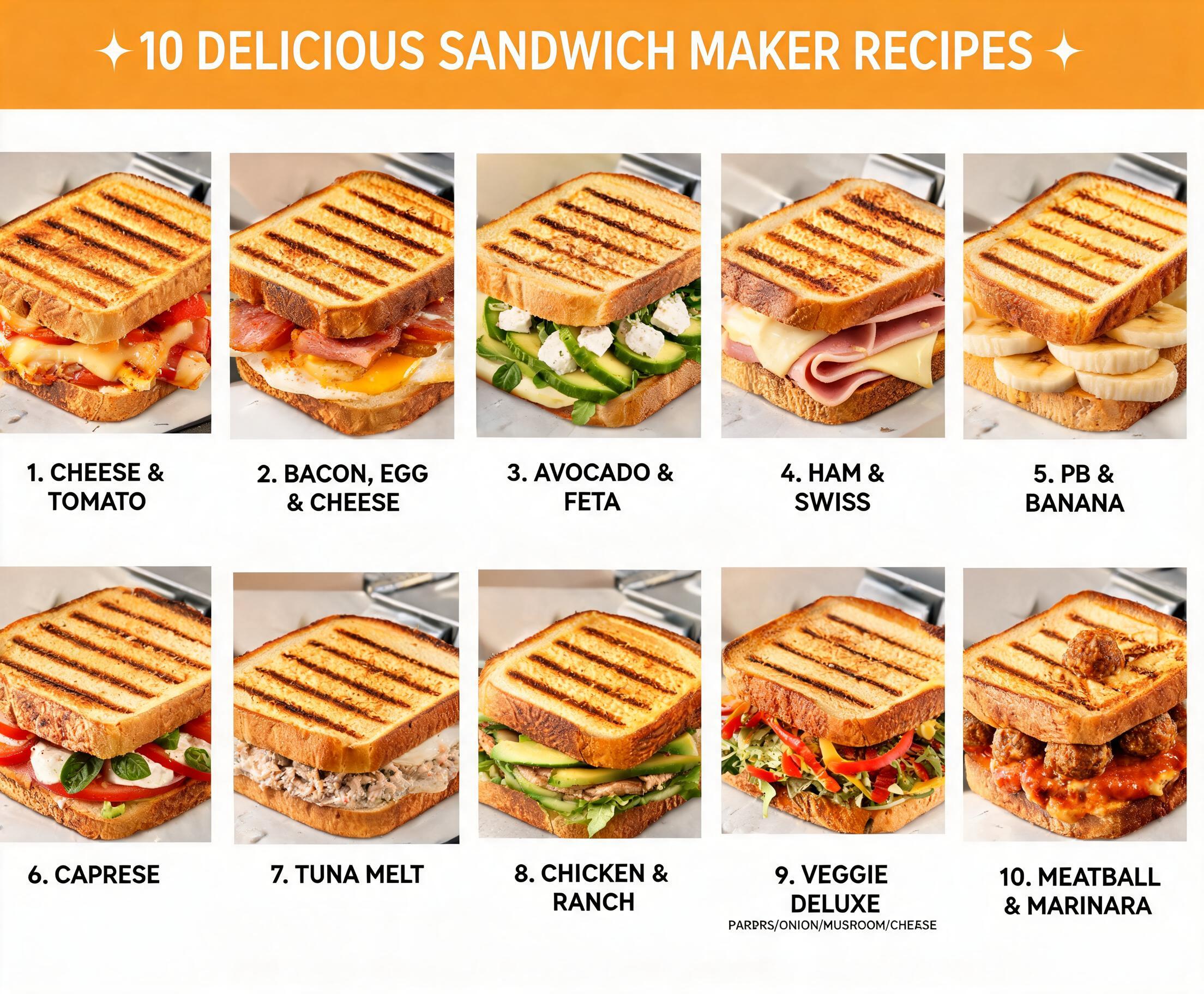 10 Delicious Sandwich Recipes You Can Make with a Sandwich Maker featuring freshly toasted sandwiches with various delicious fillings.