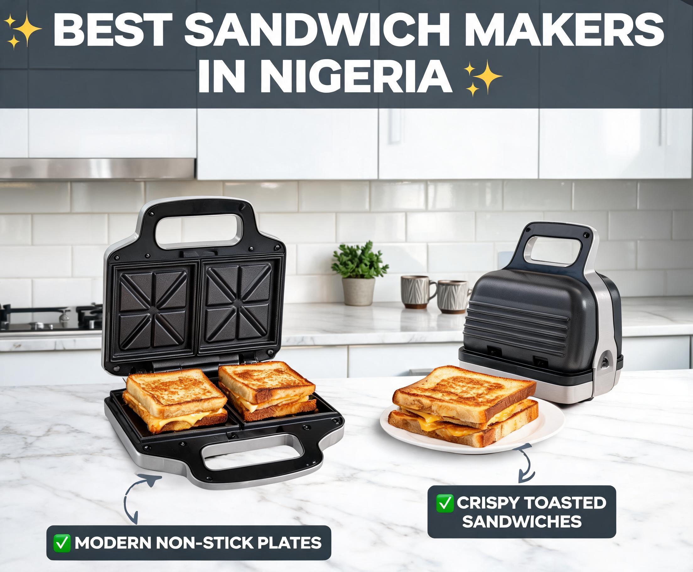 Best Sandwich Makers in Nigeria featuring modern non-stick sandwich makers preparing crispy toasted sandwiches in a stylish kitchen.