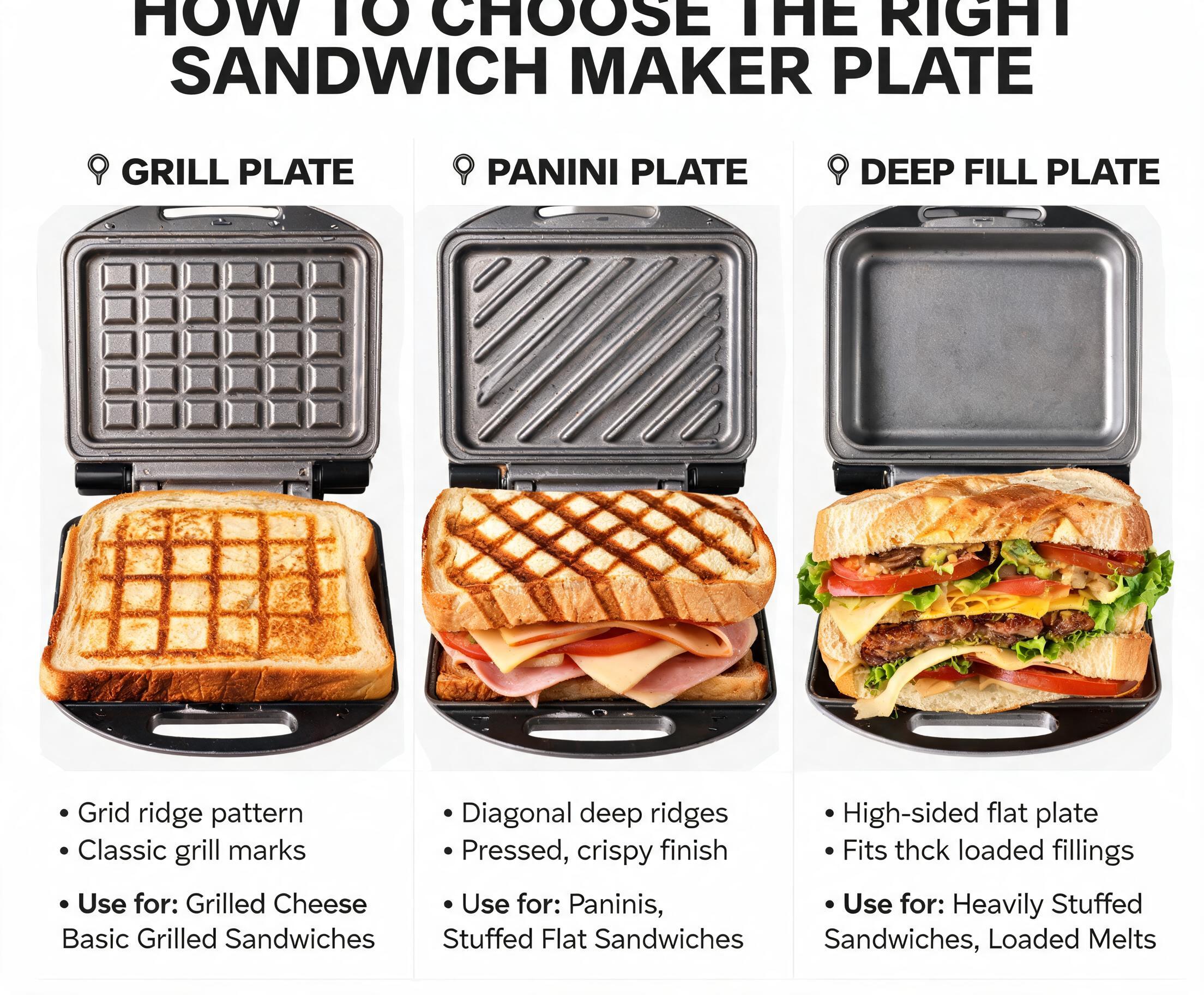 How to Choose the Right Sandwich Maker Plate: Grill, Panini, or Deep Fill showing interchangeable sandwich maker plates with different sandwich styles.