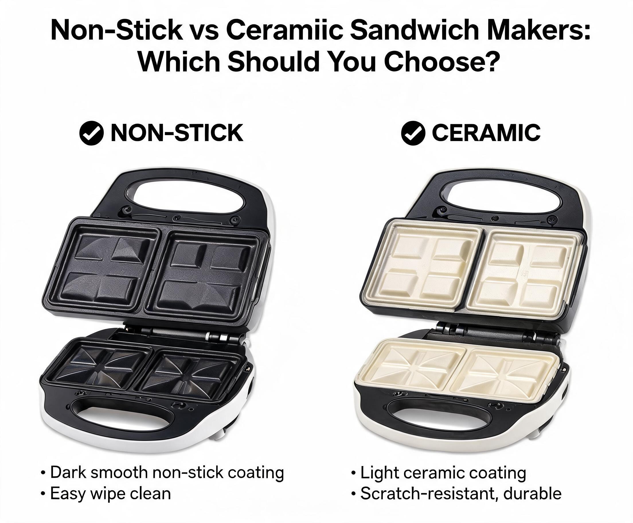 Non-Stick vs Ceramic Sandwich Makers: Which Should You Choose? showing two modern sandwich makers with different cooking plate surfaces.
