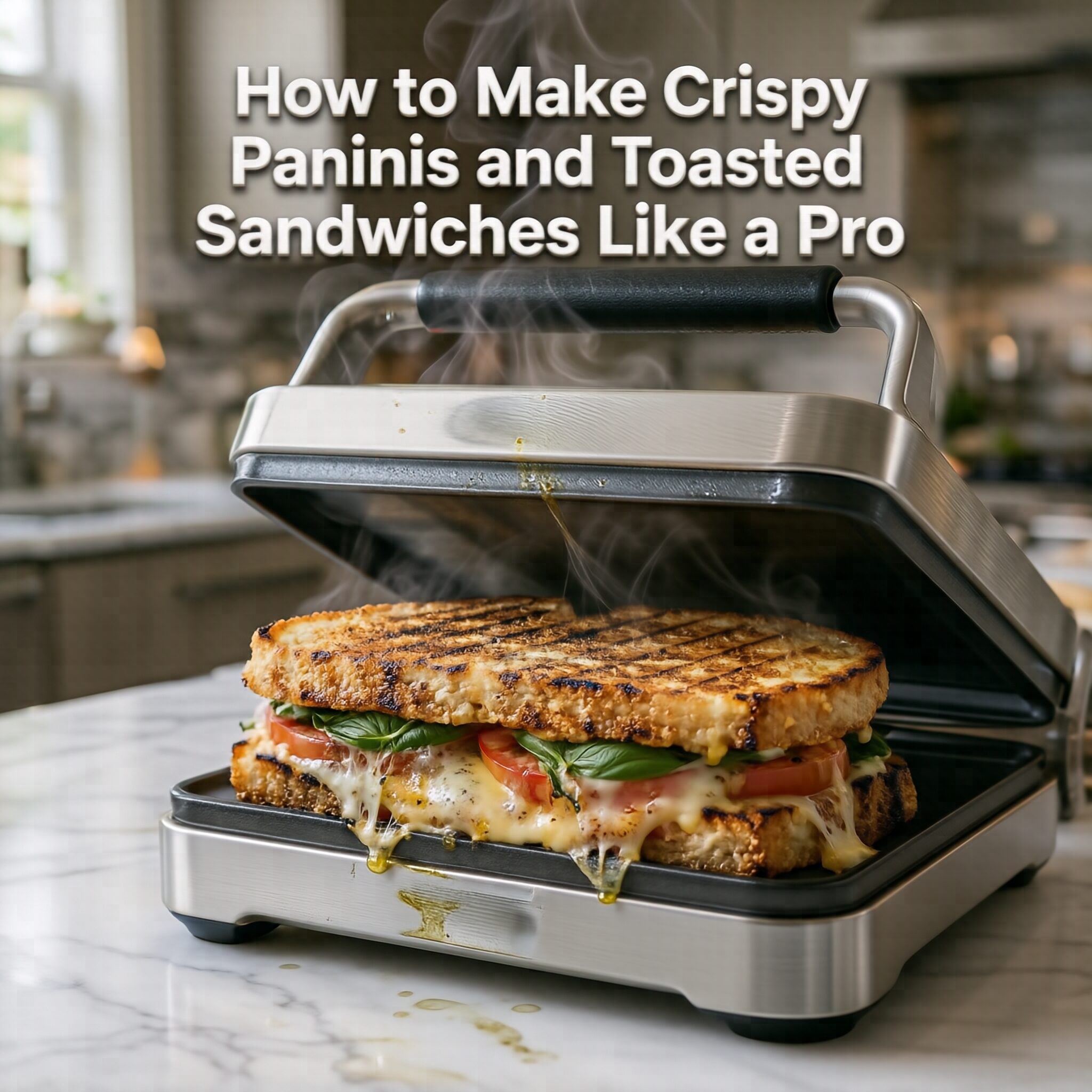 How to Make Crispy Paninis and Toasted Sandwiches Like a Pro featuring golden paninis cooking in a modern sandwich maker.