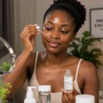 African woman applying niacinamide serum to oily facial skin during a skincare routine at home in Nigeria.