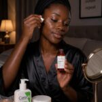 African woman applying retinol serum to her face during a nighttime skincare routine in her bedroom at home in Nigeria.