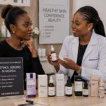 African woman consulting Dermatologist about skincare routine with dermatologist-recommended retinol serums in Nigeria in a clinic.