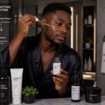 African man applying niacinamide serum before retinol during his nighttime skincare routine in a modern bathroom.