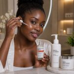 Dark-skinned African woman applying glycolic acid serum in a modern bathroom with cleanser and moisturizer for a glowing skincare routine.