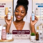 African woman comparing glycolic acid and hyaluronic acid skincare serums for healthy, glowing skin in a modern beauty setting.