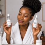 African woman comparing peptide serum and ceramide serum bottles during a skincare routine for healthy, glowing skin.