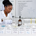 African female scientist in a cosmetic laboratory preparing peptide serum ingredients, with Matrixyl, copper peptides, Argireline, palmitoyl peptides, signal peptides, hyaluronic acid, niacinamide, and glycerin displayed on the laboratory bench.