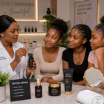 the dermatologist consulting some African teenagers on how to apply peptide serum to her face as part of a gentle skincare routine for healthy, hydrated skin in the spa.