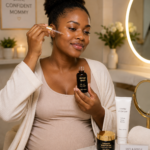 Peptide Serum During Pregnancy: Is It Safe? African pregnant woman applying peptide serum to her face during a gentle pregnancy skincare routine.