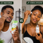 two African models demonstrating the difference between a face scrub and chemical exfoliator, each using a different product for smooth, healthy-looking skin at their respective homes.