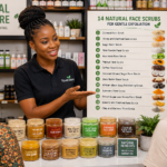 African woman listing out the natural face scrubs for gentle exfoliation in a Nigerian skincare store to her customers.