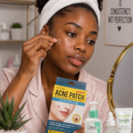 African woman applying a pimple patch to acne-prone skin during a skincare routine in Nigeria.