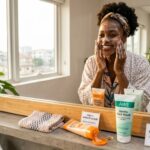African woman using a face wash after scrubbing her face with a facial scrub, demonstrating the correct skincare order for healthy, glowing skin in her bathroom.