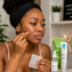 African woman applying a pimple patch to acne-prone skin as part of her skincare routine for clearer-looking skin.