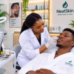 Male model with whiteheads and pimples receiving a hydrocolloid pimple patch treatment from a female dermatologist in a modern skincare spa studio.