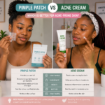 Two Younger African ladies comparing a pimple patch and acne cream during a skincare routine for acne-prone skin in their respective homes to show the differences.