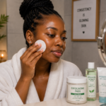 African woman using an exfoliating pad on her face during a skincare routine for smooth, glowing skin.