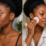 African man having dark spots and hyperpigmentation oh her face and a picture of her using exfoliating pads on her face to reduce dark spots and hyperpigmentation during a skincare routine.
