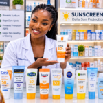 Dermatology salesperson showcasing the best sunscreens for daily sun protection in Nigeria inside a cosmetic store.