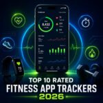 Top 10 rated fitness app trackers 2026 displayed on smartphone with AI health dashboard and workout tracking metrics