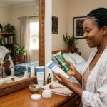 African woman comparing gentle face scrubs for dry skin during a skincare routine in her bedroom in front of the mirror in Nigeria.