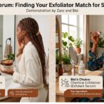 Two African models demonstrating the difference between a face scrub and chemical exfoliator, each using a different product for smooth, healthy-looking skin.