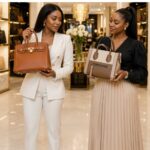 Elegant Nigerian woman comparing a premium designer handbag with a stylish affordable bag inside a modern luxury fashion boutique.