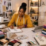Beginner fashion designer working in a modern sewing studio with fashion design tools, sewing machine, fabrics, dress form, and sketches.