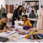 Fashion students learning garment construction inside a modern Nigerian fashion academy with sewing machines, mannequins, fabrics, and fashion design tools.