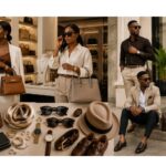 Stylish Nigerian man and woman wearing luxury fashion accessories including handbags, watches, jewelry, sunglasses, belts, scarves, and designer shoes.