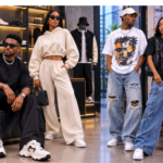 Stylish Nigerian fashion lovers wearing modern streetwear outfits with oversized clothing, sneakers, hoodies, cargo trousers, and luxury accessories.