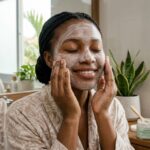 African woman applying facial scrub to her face in a bathroom as part of a skincare routine for combination skin.