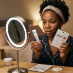  African woman comparing pimple patches and acne spot treatment products for clear, healthy-looking skin.