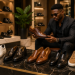 Stylish Nigerian man viewing premium designer shoes including leather loafers, sneakers, and formal shoes in a luxury footwear store.