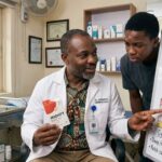 African male Dermatologist consulting young teenagers Why pimple patches don't work in a clinic  in Nigeria .