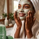 generate an image for blog post with African woman applying a clay mask during a skincare routine for glowing, healthy-looking skin in Nigeria.