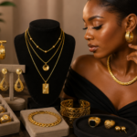 Nigerian woman wearing gold jewelry with a traditional Nigerian outfit.
