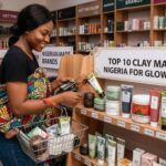 10 Best Clay Masks for Oily Skin in Nigeria (2026 Guide) African woman with a baby at her back purchasing 10 clay mask for glowing skin with top 10 clay mask products in Nigeria in a cosmetic store and these items listed below are displayed in a Nigeria cosmetic store.